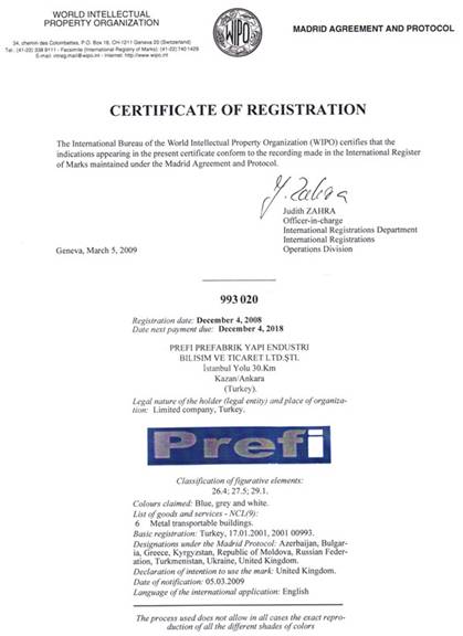 PREFI TRADEMARK REGISTRATION FOR WORLD (NO: 993020)