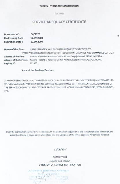 PREFI SERVICE ADEQUATES CERTIFICATE (NO: 06/7720)